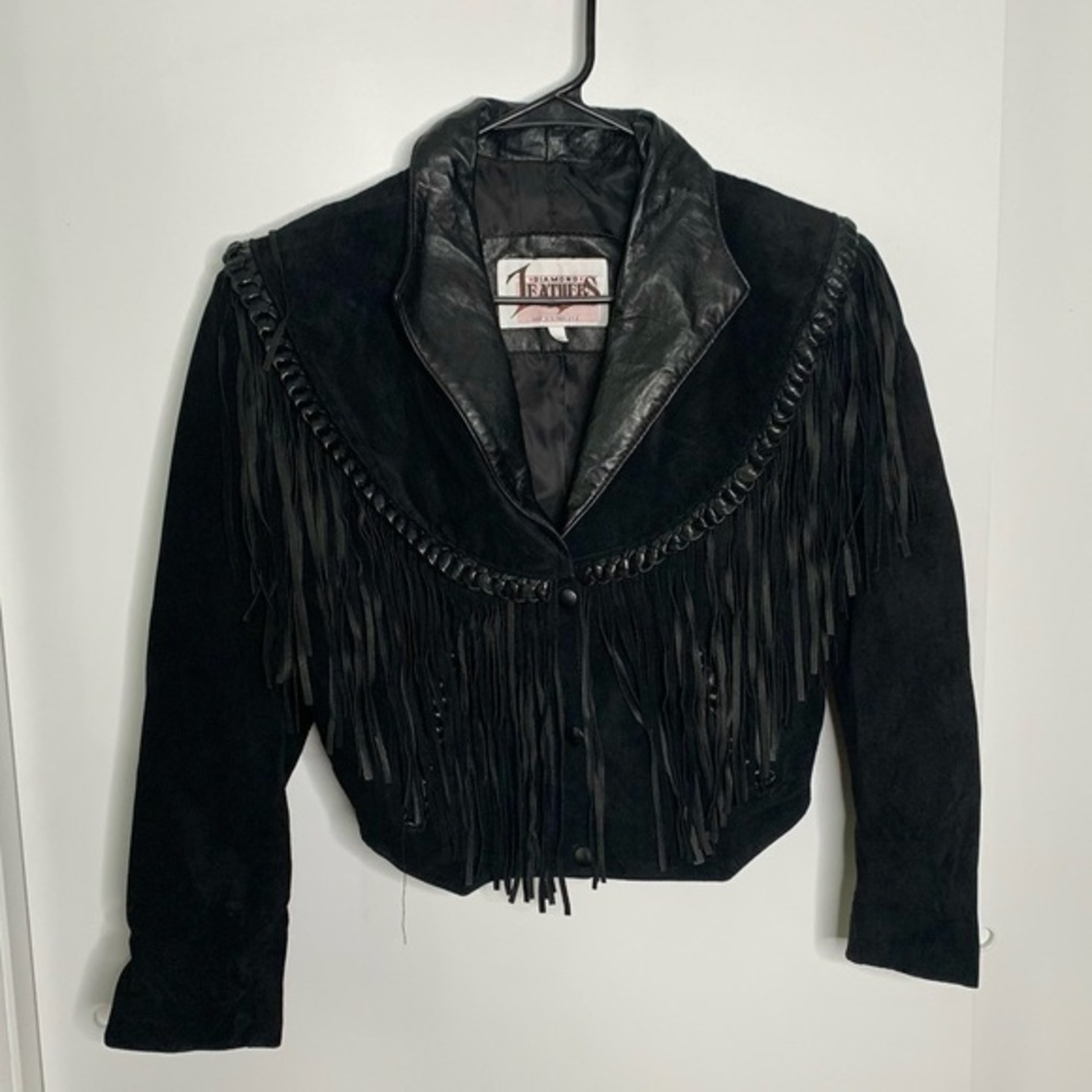 Black Fringe Vintage Diamond Leather Jacket